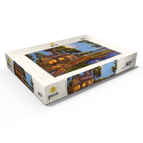 Alternative Darstellung des Puzzle-Motivs Vintage-Lebensmittelgeschäft und Tankstelle am Seeufer – Puzzleteile: 500