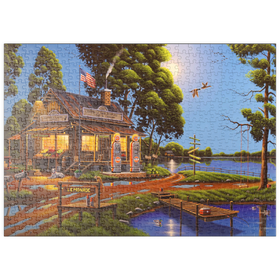 Darstellung des Puzzle-Motivs Vintage-Lebensmittelgeschäft und Tankstelle am Seeufer – Puzzleteile: 500