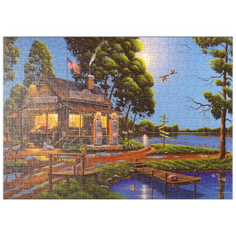 Darstellung des Puzzle Motivs Vintage-Lebensmittelgeschäft und Tankstelle am Seeufer puzzleplate Vintage Lakeside Grocery and Gas Station 500 Puzzle