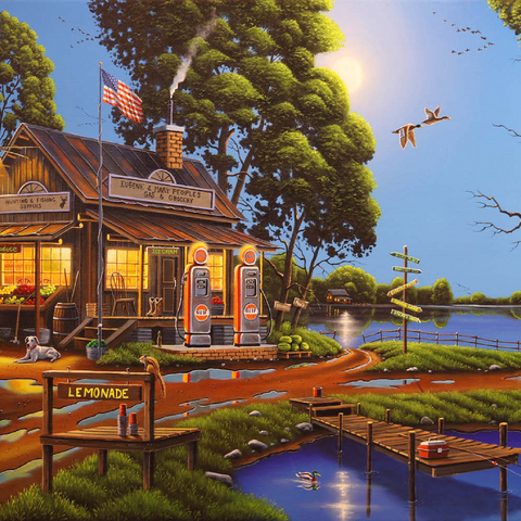 Darstellung des Puzzle Motivs Vintage-Lebensmittelgeschäft und Tankstelle am Seeufer Vintage Lakeside Grocery and Gas Station 500 Puzzle 3D Modell