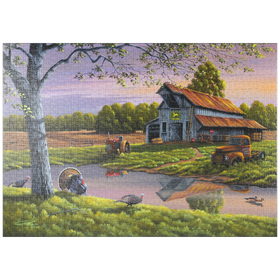 Darstellung des Puzzle Motivs Vintage-Bauernhof bei Sonnenuntergang mit Truthähnen - Puzzleteile: 1000
