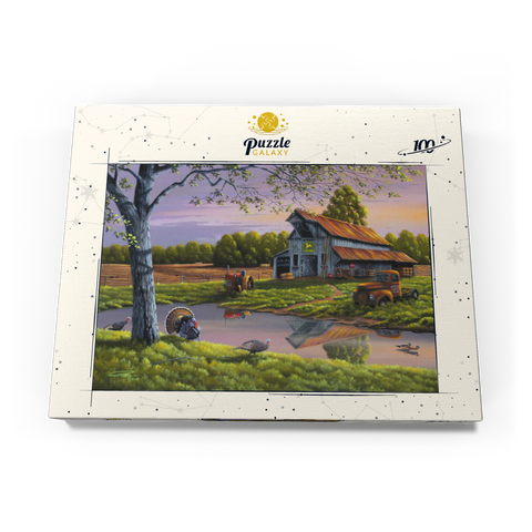 Darstellung des Puzzle Motivs Vintage-Bauernhof bei Sonnenuntergang mit Truthähnen Vintage Farmyard at Sunset with Turkeys 100 Puzzle Schachtel Ansicht3