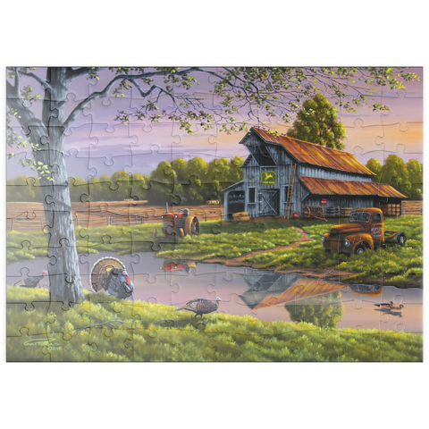Darstellung des Puzzle Motivs Vintage-Bauernhof bei Sonnenuntergang mit Truthähnen puzzleplate Vintage Farmyard at Sunset with Turkeys 100 Puzzle