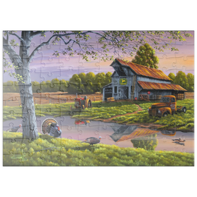 Darstellung des Puzzle Motivs Vintage-Bauernhof bei Sonnenuntergang mit Truthähnen - Puzzleteile: 100