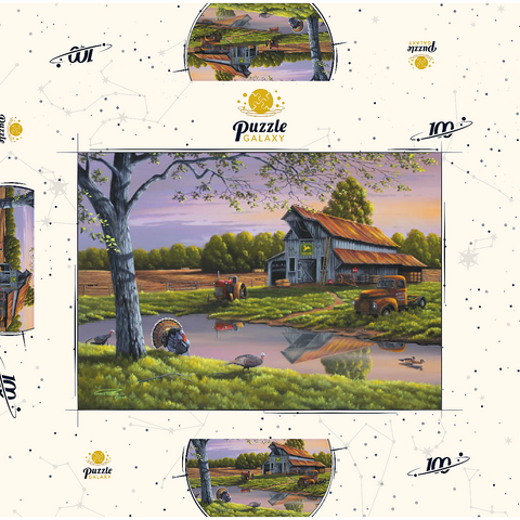 Darstellung des Puzzle Motivs Vintage-Bauernhof bei Sonnenuntergang mit Truthähnen Vintage Farmyard at Sunset with Turkeys 100 Puzzle Schachtel 3D Modell