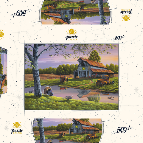 Darstellung des Puzzle Motivs Vintage-Bauernhof bei Sonnenuntergang mit Truthähnen Vintage Farmyard at Sunset with Turkeys 500 Puzzle Schachtel 3D Modell