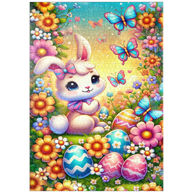 Darstellung des Puzzle-Motivs Osterhase mit bunten Eiern und Schmetterlingen – Puzzleteile: 1000