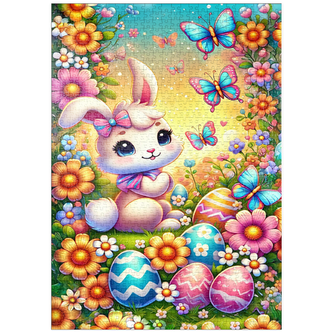 Darstellung des Puzzle Motivs Osterhase mit bunten Eiern und Schmetterlingen puzzleplate Easter Bunny with Colorful Eggs and Butterflies 1000 Puzzle