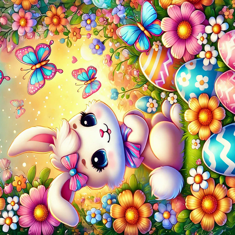 Darstellung des Puzzle Motivs Osterhase mit bunten Eiern und Schmetterlingen Easter Bunny with Colorful Eggs and Butterflies 1000 Puzzle 3D Modell