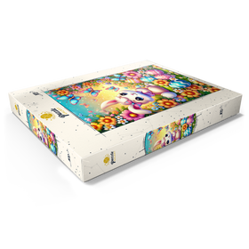 Darstellung des Puzzle Motivs Osterhase mit bunten Eiern und Schmetterlingen - Puzzleteile: 100