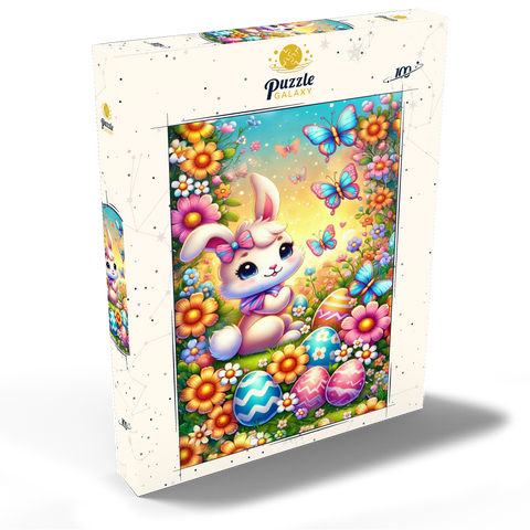 Darstellung des Puzzle Motivs Osterhase mit bunten Eiern und Schmetterlingen Easter Bunny with Colorful Eggs and Butterflies 100 Puzzle Schachtel Ansicht2
