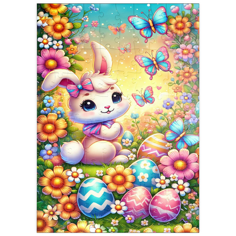 Darstellung des Puzzle Motivs Osterhase mit bunten Eiern und Schmetterlingen puzzleplate Easter Bunny with Colorful Eggs and Butterflies 100 Puzzle