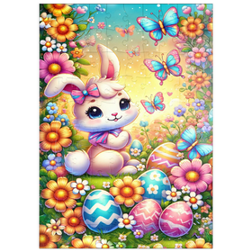 Darstellung des Puzzle Motivs Osterhase mit bunten Eiern und Schmetterlingen - Puzzleteile: 100
