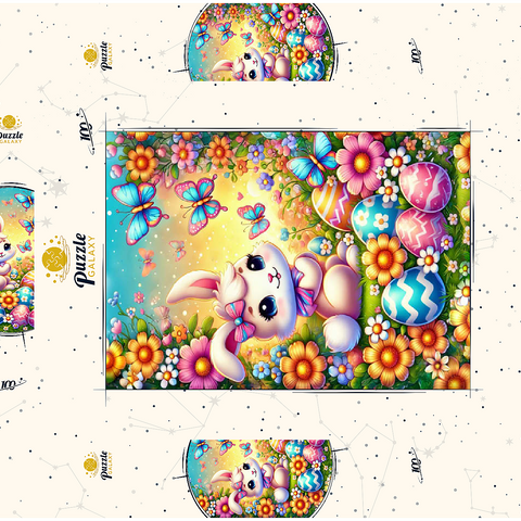 Darstellung des Puzzle Motivs Osterhase mit bunten Eiern und Schmetterlingen Easter Bunny with Colorful Eggs and Butterflies 100 Puzzle Schachtel 3D Modell