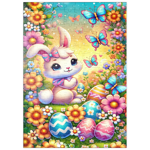 Darstellung des Puzzle Motivs Osterhase mit bunten Eiern und Schmetterlingen puzzleplate Easter Bunny with Colorful Eggs and Butterflies 200 Puzzle