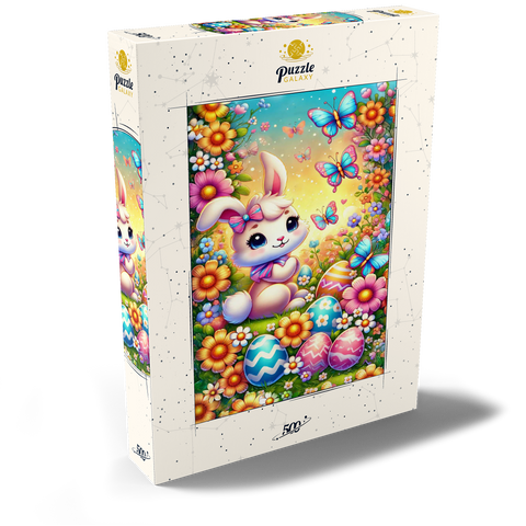 Darstellung des Puzzle Motivs Osterhase mit bunten Eiern und Schmetterlingen Easter Bunny with Colorful Eggs and Butterflies 500 Puzzle Schachtel Ansicht2
