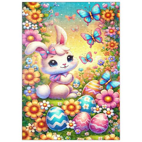 Darstellung des Puzzle Motivs Osterhase mit bunten Eiern und Schmetterlingen puzzleplate Easter Bunny with Colorful Eggs and Butterflies 500 Puzzle