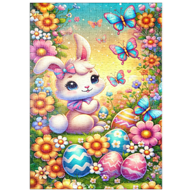 Darstellung des Puzzle Motivs Osterhase mit bunten Eiern und Schmetterlingen - Puzzleteile: 500