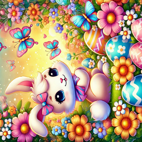 Darstellung des Puzzle Motivs Osterhase mit bunten Eiern und Schmetterlingen Easter Bunny with Colorful Eggs and Butterflies 500 Puzzle 3D Modell
