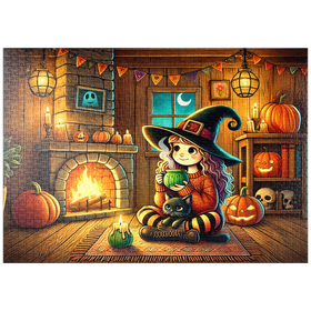 Darstellung des Puzzle-Motivs Gemütliche Halloween-Hexe mit schwarzer Katze am Kamin – Puzzleteile: 1000