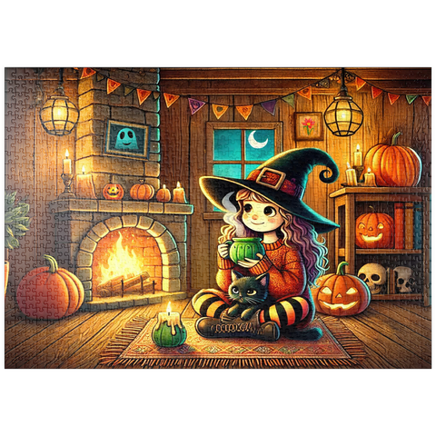 Darstellung des Puzzle Motivs Gemütliche Halloween-Hexe mit schwarzer Katze am Kamin puzzleplate Cozy Halloween Witch with Black Cat by Fireplace 1000 Puzzle