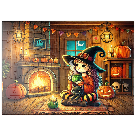 Darstellung des Puzzle Motivs Gemütliche Halloween-Hexe mit schwarzer Katze am Kamin puzzleplate Cozy Halloween Witch with Black Cat by Fireplace 100 Puzzle
