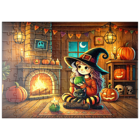 Darstellung des Puzzle Motivs Gemütliche Halloween-Hexe mit schwarzer Katze am Kamin - Puzzleteile: 100