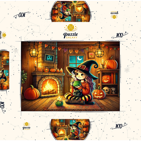 Darstellung des Puzzle Motivs Gemütliche Halloween-Hexe mit schwarzer Katze am Kamin Cozy Halloween Witch with Black Cat by Fireplace 100 Puzzle Schachtel 3D Modell
