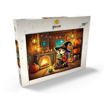 Darstellung des Puzzle Motivs Cozy Halloween Witch with Black Cat by Fireplace 200 Puzzle Schachtel Ansicht2