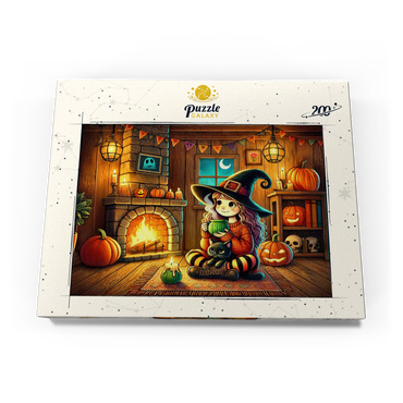 Darstellung des Puzzle Motivs Cozy Halloween Witch with Black Cat by Fireplace 200 Puzzle Schachtel Ansicht3