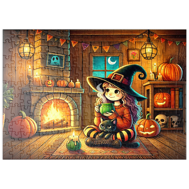 Darstellung des Puzzle Motivs puzzleplate Cozy Halloween Witch with Black Cat by Fireplace 200 Puzzle