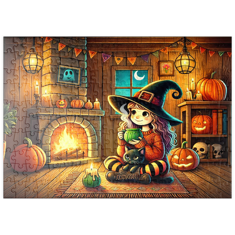 Darstellung des Puzzle Motivs Gemütliche Halloween-Hexe mit schwarzer Katze am Kamin puzzleplate Cozy Halloween Witch with Black Cat by Fireplace 200 Puzzle