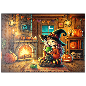 Darstellung des Puzzle Motivs Gemütliche Halloween-Hexe mit schwarzer Katze am Kamin - Puzzleteile: 200