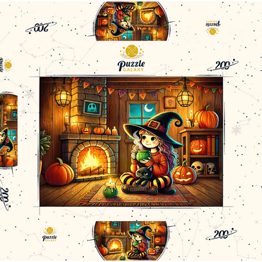Darstellung des Puzzle Motivs Cozy Halloween Witch with Black Cat by Fireplace 200 Puzzle Schachtel 3D Modell