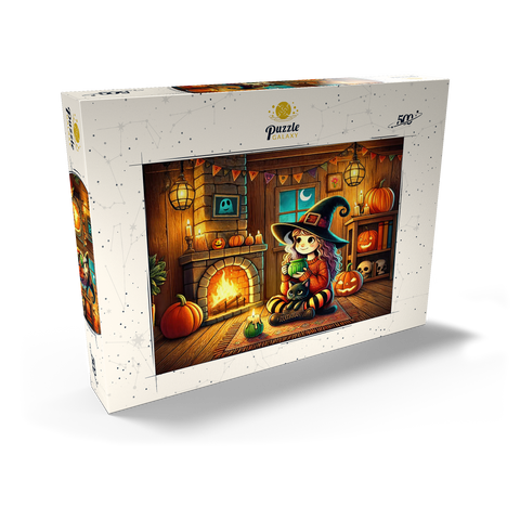 Darstellung des Puzzle Motivs Gemütliche Halloween-Hexe mit schwarzer Katze am Kamin Cozy Halloween Witch with Black Cat by Fireplace 500 Puzzle Schachtel Ansicht2