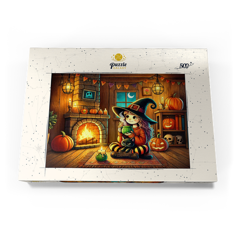 Darstellung des Puzzle Motivs Gemütliche Halloween-Hexe mit schwarzer Katze am Kamin Cozy Halloween Witch with Black Cat by Fireplace 500 Puzzle Schachtel Ansicht3