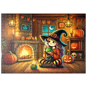Darstellung des Puzzle Motivs puzzleplate Cozy Halloween Witch with Black Cat by Fireplace 500 Puzzle
