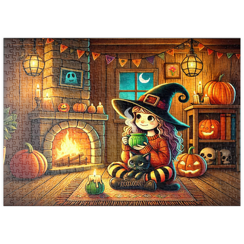 Darstellung des Puzzle Motivs Gemütliche Halloween-Hexe mit schwarzer Katze am Kamin puzzleplate Cozy Halloween Witch with Black Cat by Fireplace 500 Puzzle
