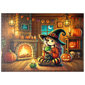 Darstellung des Puzzle Motivs Gemütliche Halloween-Hexe mit schwarzer Katze am Kamin - Puzzleteile: 500