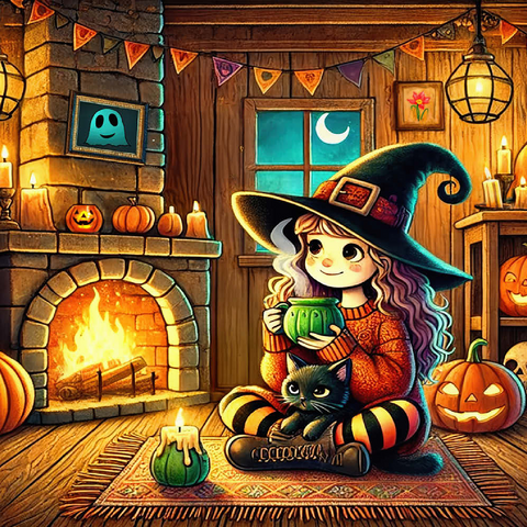 Darstellung des Puzzle Motivs Gemütliche Halloween-Hexe mit schwarzer Katze am Kamin Cozy Halloween Witch with Black Cat by Fireplace 500 Puzzle 3D Modell