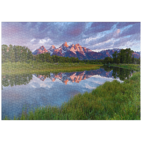 Darstellung des Puzzle-Motivs Grand Teton Mountains bei Sonnenaufgang mit Spiegelung – Puzzleteile: 1000