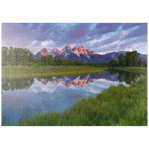 Darstellung des Puzzle Motivs Grand Teton Mountains bei Sonnenaufgang mit Spiegelung puzzleplate Grand Teton Mountains at Sunrise with Reflection 1000 Puzzle