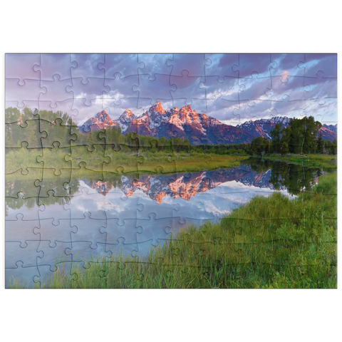 Darstellung des Puzzle Motivs Grand Teton Mountains bei Sonnenaufgang mit Spiegelung puzzleplate Grand Teton Mountains at Sunrise with Reflection 100 Puzzle
