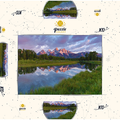 Darstellung des Puzzle Motivs Grand Teton Mountains bei Sonnenaufgang mit Spiegelung Grand Teton Mountains at Sunrise with Reflection 100 Puzzle Schachtel 3D Modell
