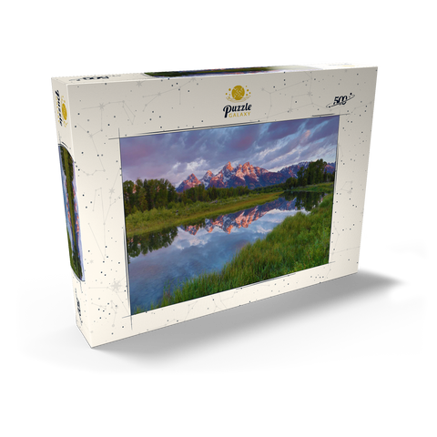 Darstellung des Puzzle Motivs Grand Teton Mountains bei Sonnenaufgang mit Spiegelung Grand Teton Mountains at Sunrise with Reflection 500 Puzzle Schachtel Ansicht2