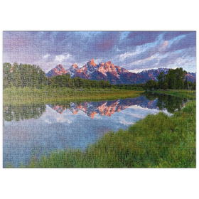 Darstellung des Puzzle Motivs Grand Teton Mountains bei Sonnenaufgang mit Spiegelung - Puzzleteile: 500