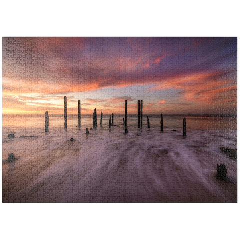 Darstellung des Puzzle Motivs Ruinen des Hafens von Port Willunga bei Sonnenuntergang puzzleplate Port Willunga Jetty Ruins at Sunset 1000 Puzzle