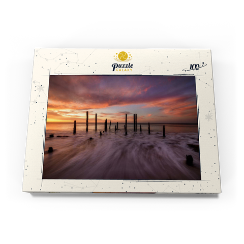 Darstellung des Puzzle Motivs Ruinen des Hafens von Port Willunga bei Sonnenuntergang Port Willunga Jetty Ruins at Sunset 100 Puzzle Schachtel Ansicht3