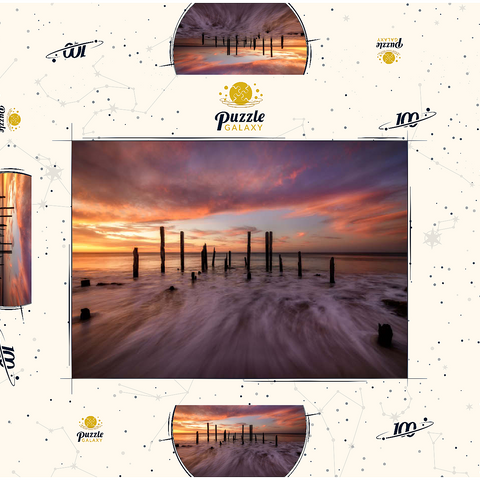 Darstellung des Puzzle Motivs Ruinen des Hafens von Port Willunga bei Sonnenuntergang Port Willunga Jetty Ruins at Sunset 100 Puzzle Schachtel 3D Modell