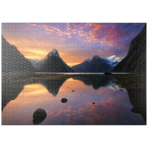 Darstellung des Puzzle Motivs Milford Sound bei Sonnenuntergang, Neuseeland puzzleplate Milford Sound at Sunset, New Zealand 1000 Puzzle